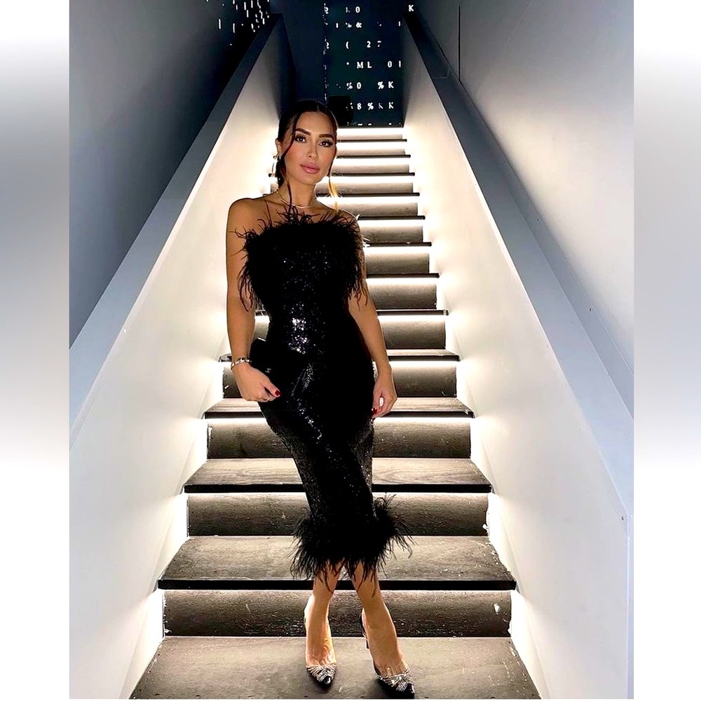 GORGEOUS NEW SEASON Lavish Alice Bandeau Dress with Feather Trim in Black Sequin